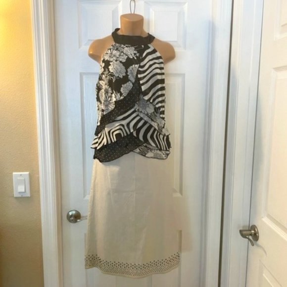 Johnathan Martin Black/White Ruffled Floral & Polka Dot Top Small - Picture 2 of 6